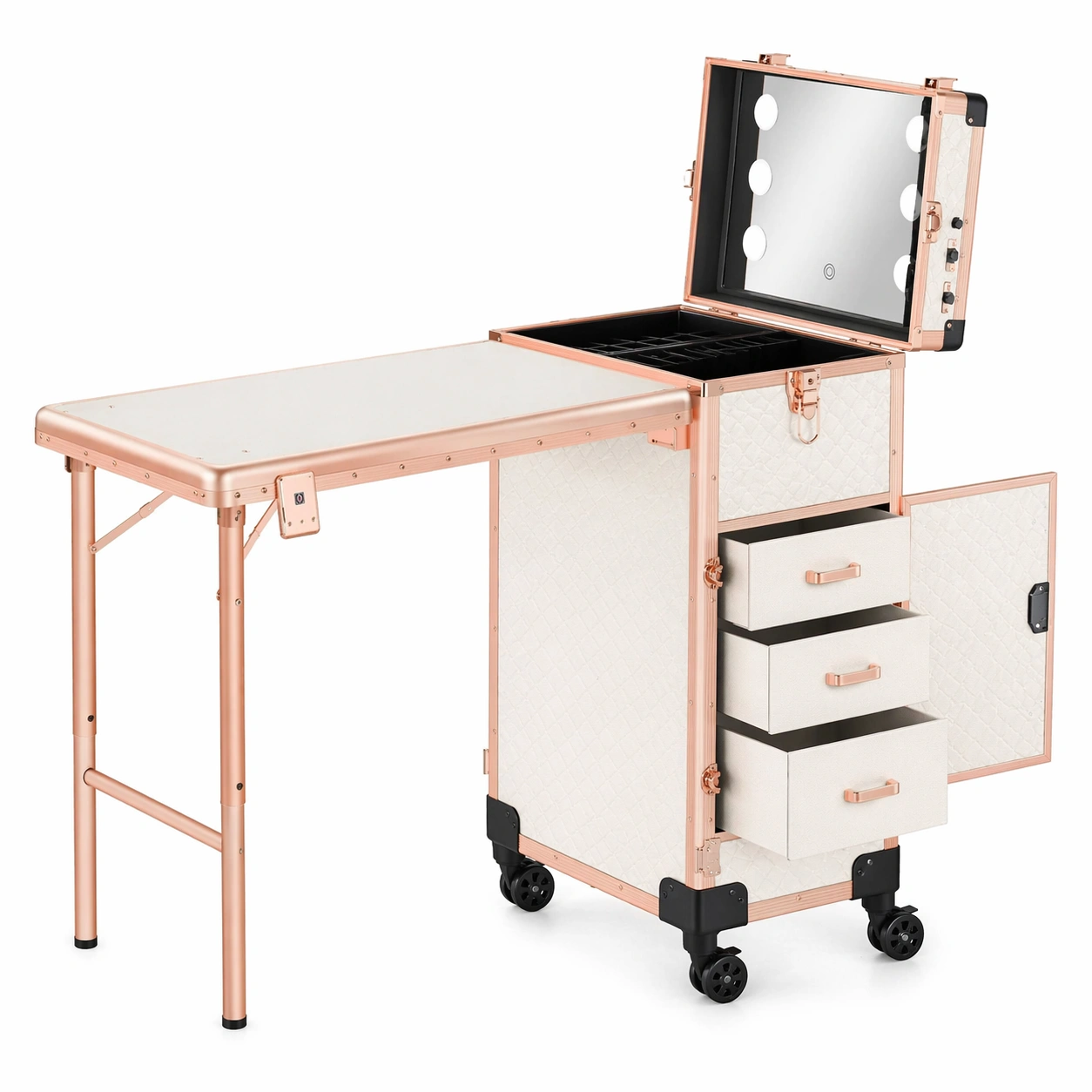 Mobiler Manikuertisch Klappbar mit Rollen LED Spiegel und Schubladen Profi Kosmetiktisch Reise Makeup Station Modern Design-avqora