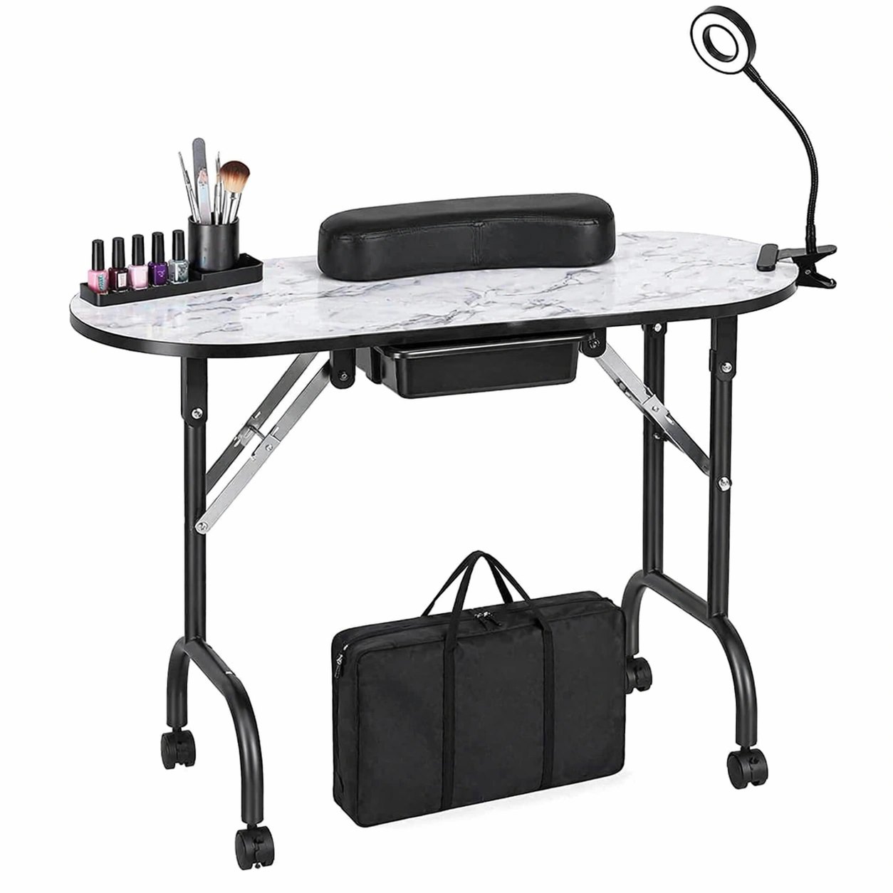 Klappbarer Manikuertisch mobil mit LED Lampe Lupe und Rollen professioneller Nageltisch 90 cm-avqora