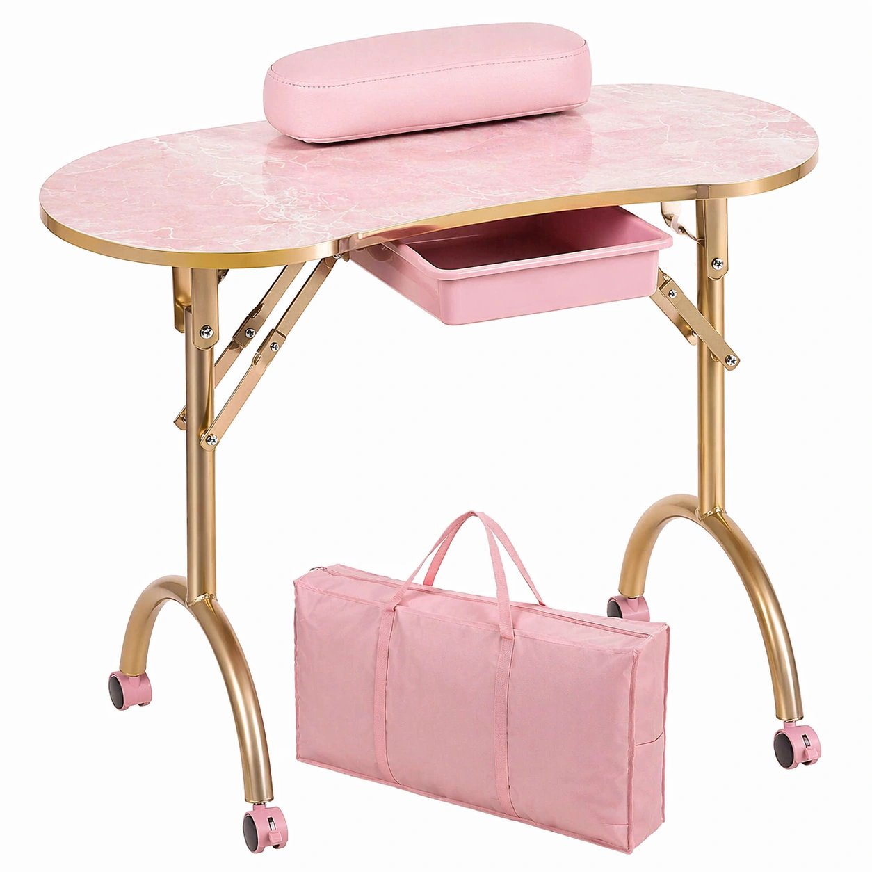 Tragbarer Klappbarer Manikuertisch mit Rollen und Aufbewahrung �C Rosa Gold Design �C Professioneller Nageltisch fuer Studio und Zuhause-avqora