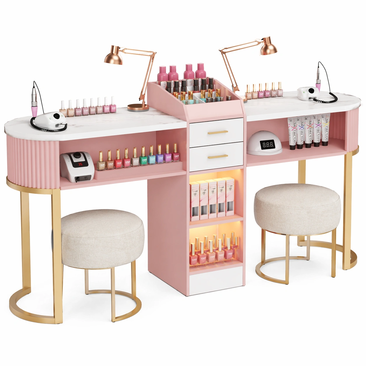 Professioneller Nageltisch mit Stauraum und LED Beleuchtung - Moderner Manikuertisch fuer Studio und Salon - Grosses Design mit Displayregal - Weiss Gold Marmor Optik 194 x 45 x 81 cm-avqora