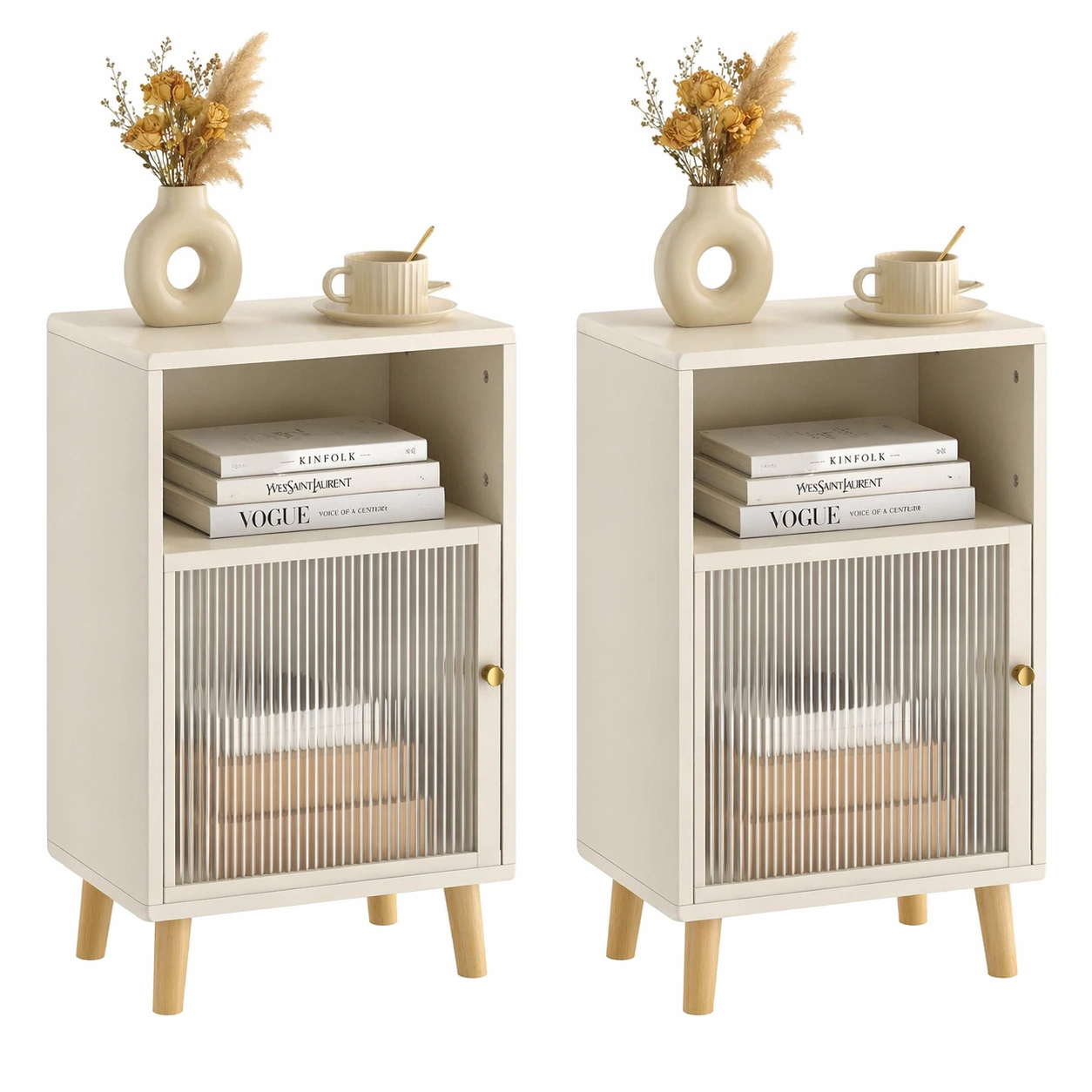 2er Set Nachttische Modern mit Glastuer und offenen Faechern Skandinavisches Design Beistelltisch fuer Schlafzimmer Wohnzimmer-avqora