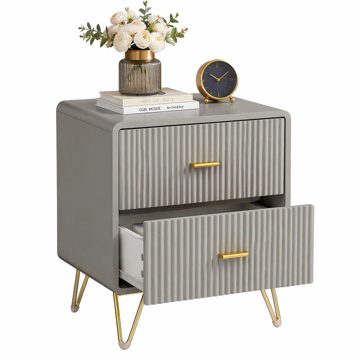 Nachttisch mit 2 Schubladen - Moderner Beistelltisch mit Strukturfront - Kompakter Schrank fuer Schlafzimmer - Minimalistisches Design Weiss Gold 40 x 40 x 47 cm-avqora