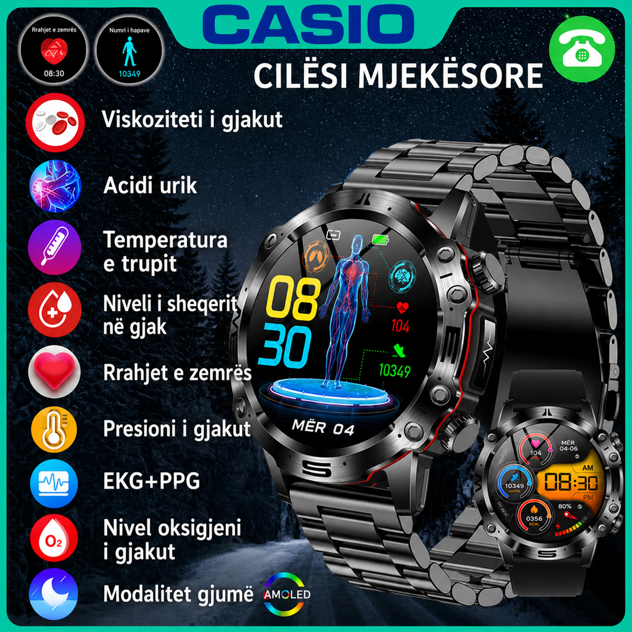 CASIO Orë Inteligjente me Diagnostikë Mjekësore AI – 2026 e Re: Lipidet e Gjakut, Acidi Urik, Niveli i Glukozës në Gjak – Monitorim Fitness me EKG + PPG