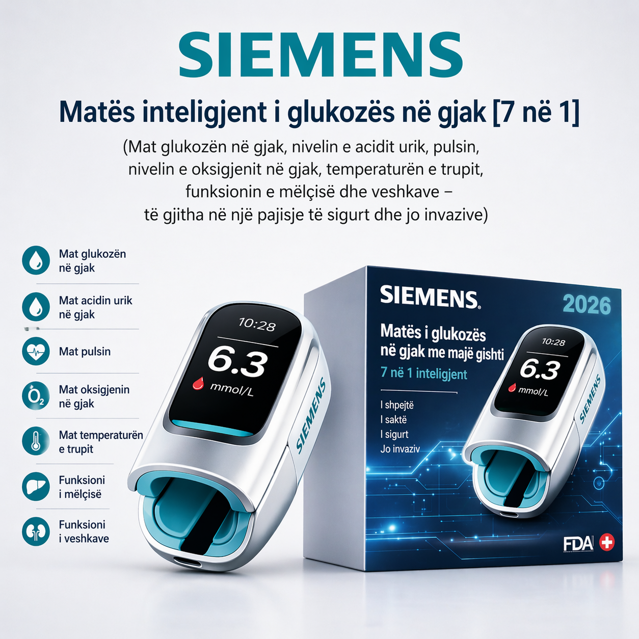 🔥 Thuajini lamtumirë gjilpërave dhe dhimbjes! | Siemens™ glukometër jo-invaziv — kontroll i lehtë dhe i saktë i glicemisë, kudo që të jeni 🔥