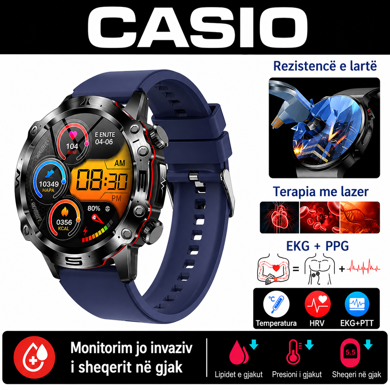 CASIO Orë Inteligjente me Diagnostikë Mjekësore AI – 2026 e Re: Lipidet e Gjakut, Acidi Urik, Niveli i Glukozës në Gjak – Monitorim Fitness me EKG + PPG