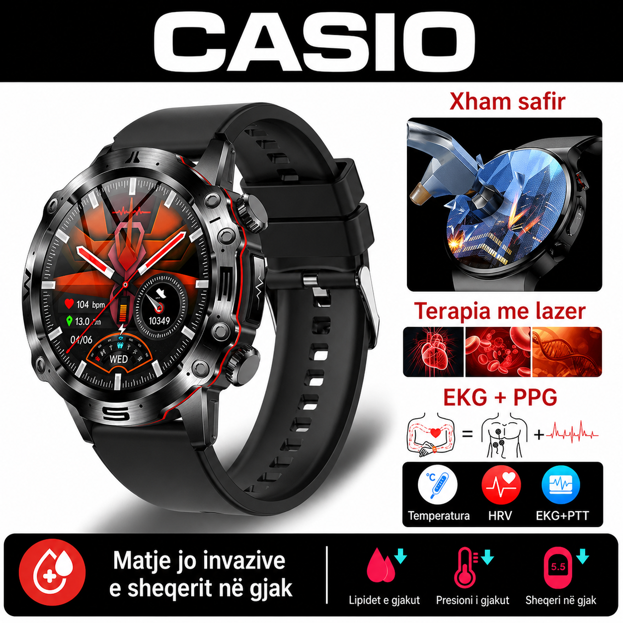 CASIO Orë Inteligjente me Diagnostikë Mjekësore AI – 2026 e Re: Lipidet e Gjakut, Acidi Urik, Niveli i Glukozës në Gjak – Monitorim Fitness me EKG + PPG