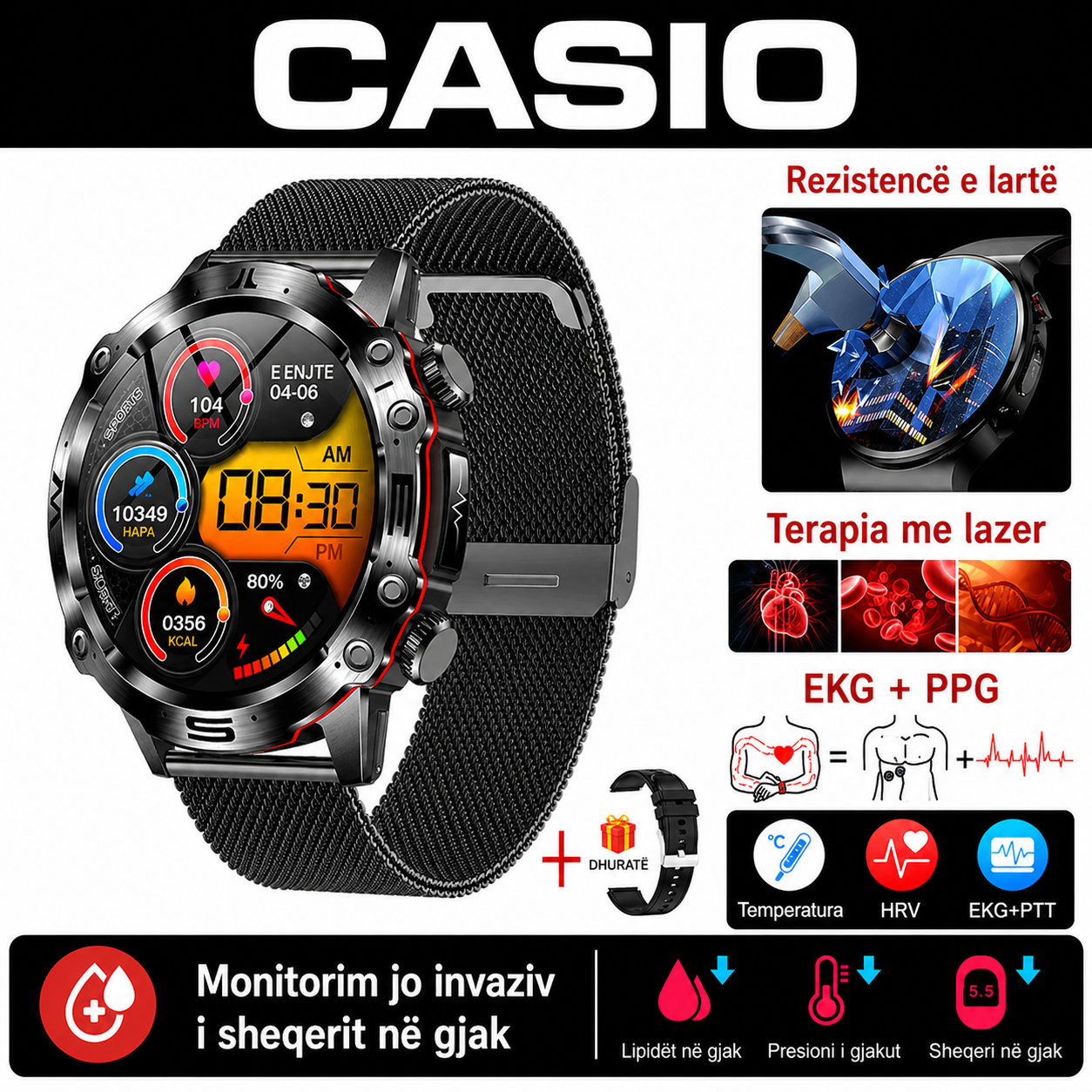 CASIO Orë Inteligjente me Diagnostikë Mjekësore AI – 2026 e Re: Lipidet e Gjakut, Acidi Urik, Niveli i Glukozës në Gjak – Monitorim Fitness me EKG + PPG