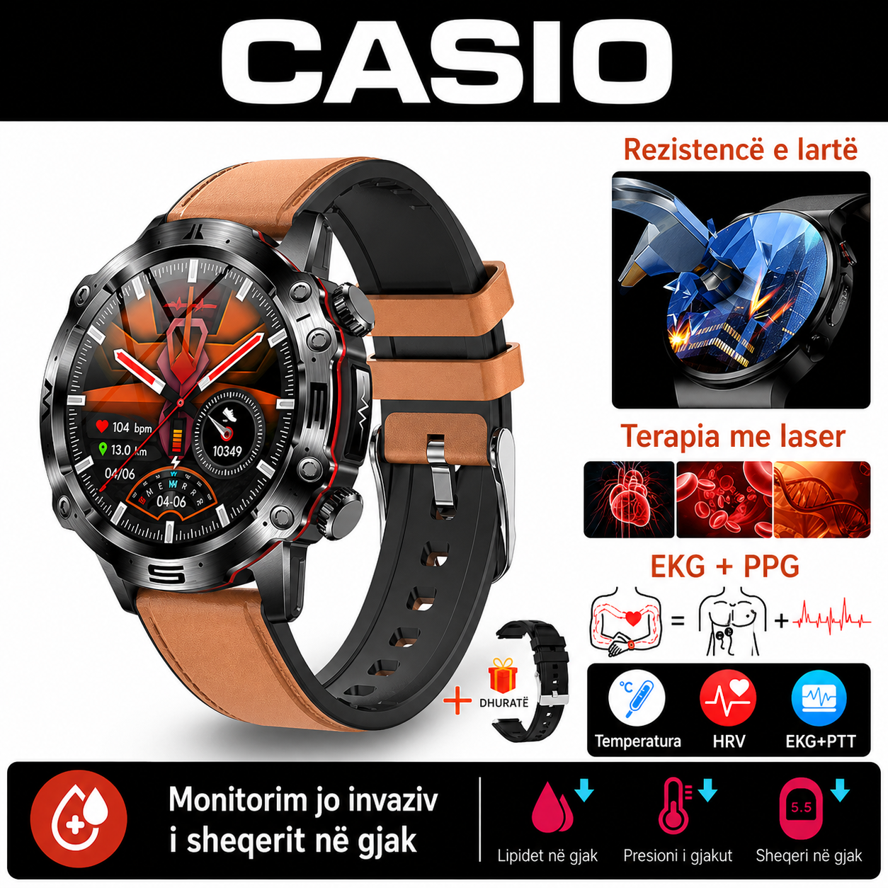 CASIO Orë Inteligjente me Diagnostikë Mjekësore AI – 2026 e Re: Lipidet e Gjakut, Acidi Urik, Niveli i Glukozës në Gjak – Monitorim Fitness me EKG + PPG