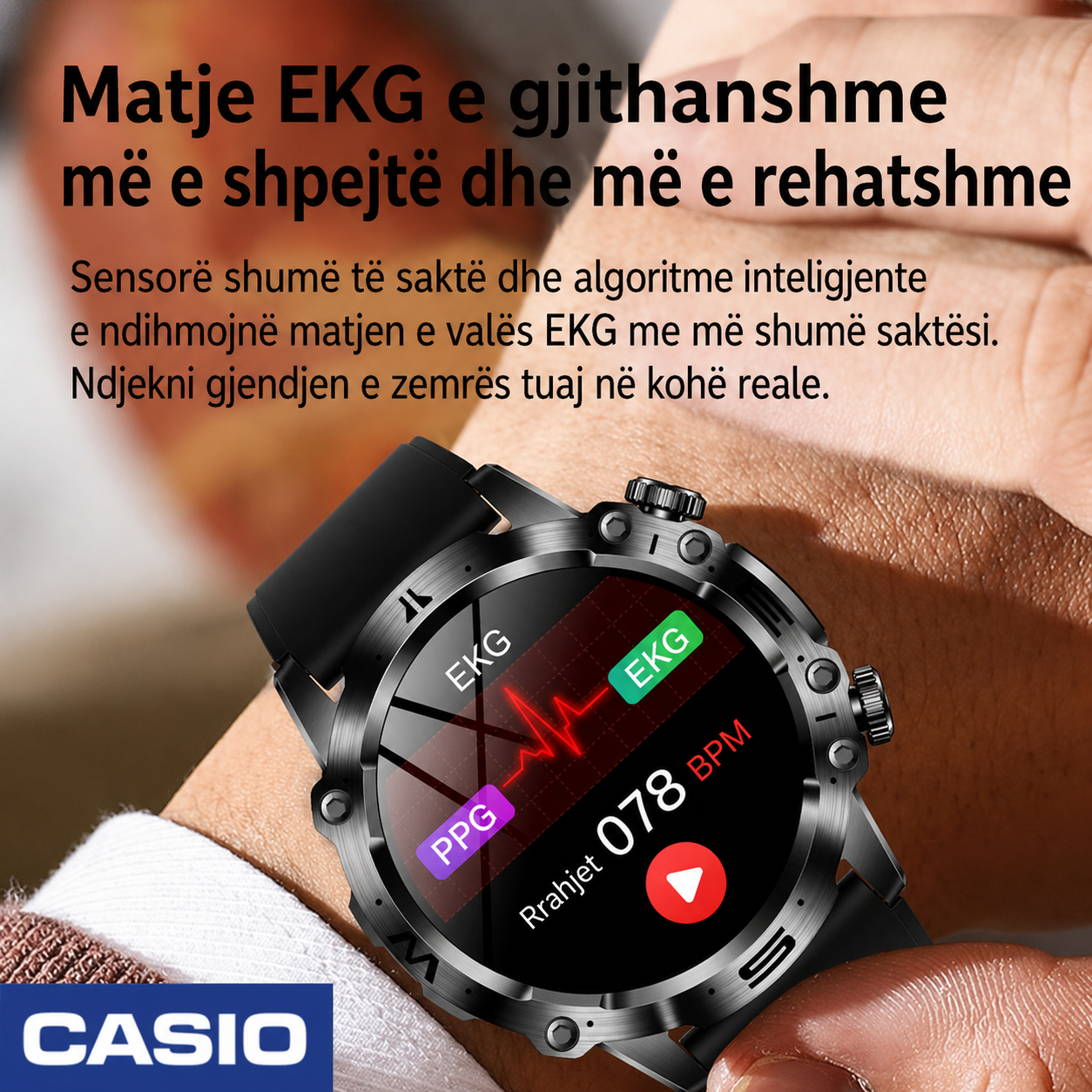 CASIO Orë Inteligjente me Diagnostikë Mjekësore AI – 2026 e Re: Lipidet e Gjakut, Acidi Urik, Niveli i Glukozës në Gjak – Monitorim Fitness me EKG + PPG