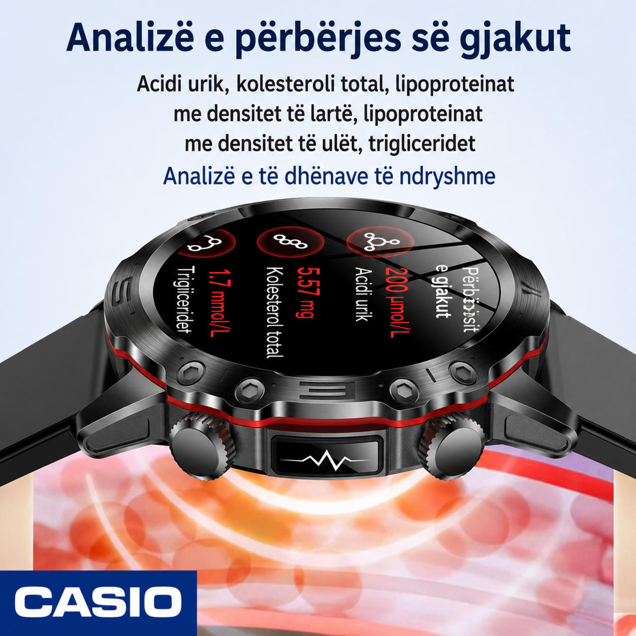 CASIO Orë Inteligjente me Diagnostikë Mjekësore AI – 2026 e Re: Lipidet e Gjakut, Acidi Urik, Niveli i Glukozës në Gjak – Monitorim Fitness me EKG + PPG