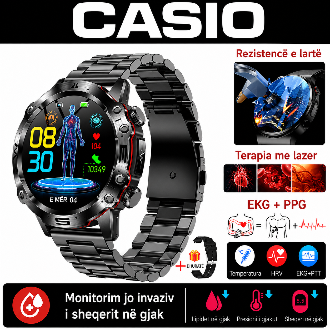 CASIO Orë Inteligjente me Diagnostikë Mjekësore AI – 2026 e Re: Lipidet e Gjakut, Acidi Urik, Niveli i Glukozës në Gjak – Monitorim Fitness me EKG + PPG