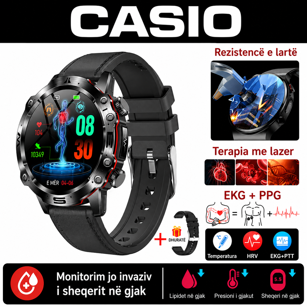 CASIO Orë Inteligjente me Diagnostikë Mjekësore AI – 2026 e Re: Lipidet e Gjakut, Acidi Urik, Niveli i Glukozës në Gjak – Monitorim Fitness me EKG + PPG