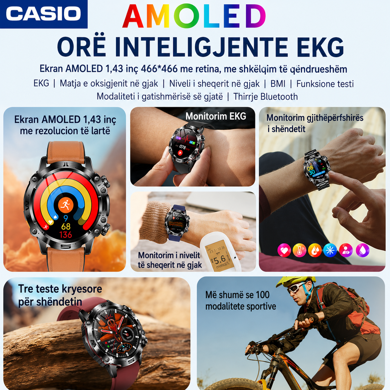 CASIO Orë Inteligjente me Diagnostikë Mjekësore AI – 2026 e Re: Lipidet e Gjakut, Acidi Urik, Niveli i Glukozës në Gjak – Monitorim Fitness me EKG + PPG