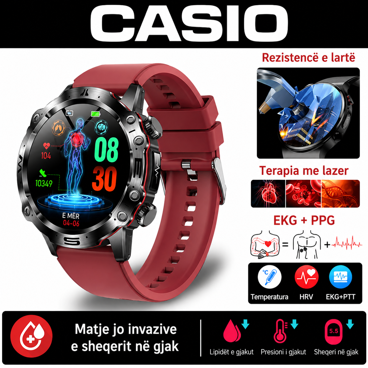 CASIO Orë Inteligjente me Diagnostikë Mjekësore AI – 2026 e Re: Lipidet e Gjakut, Acidi Urik, Niveli i Glukozës në Gjak – Monitorim Fitness me EKG + PPG