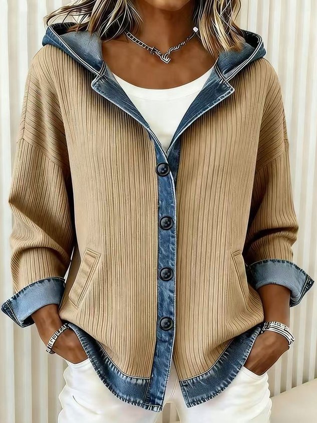 Plain Color Block Denim Casual Loose Long Sleeve Button Cardigan with hooded Going Out Casual Hoodie