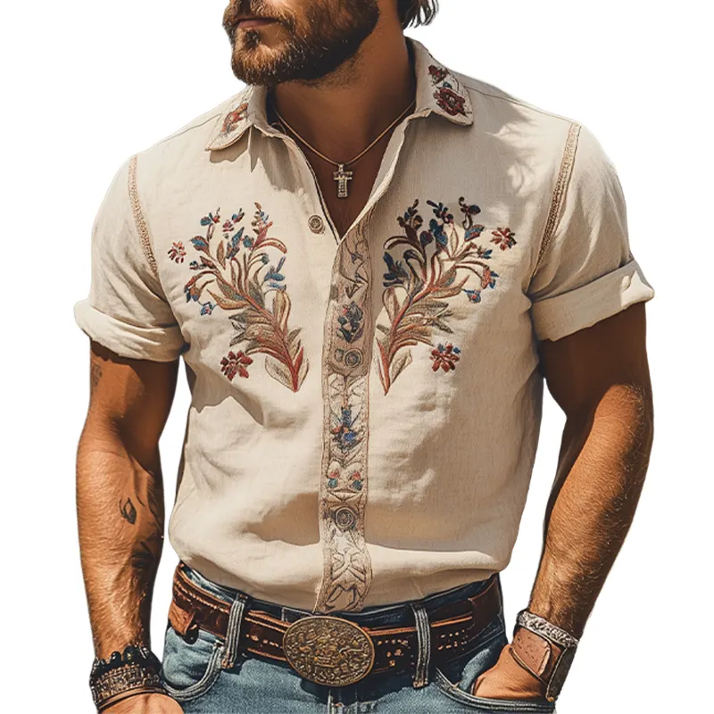 Men's Summer Fashion Classic Retro Western Style Embroidered Cotton and Linen Short Sleeve Shirt