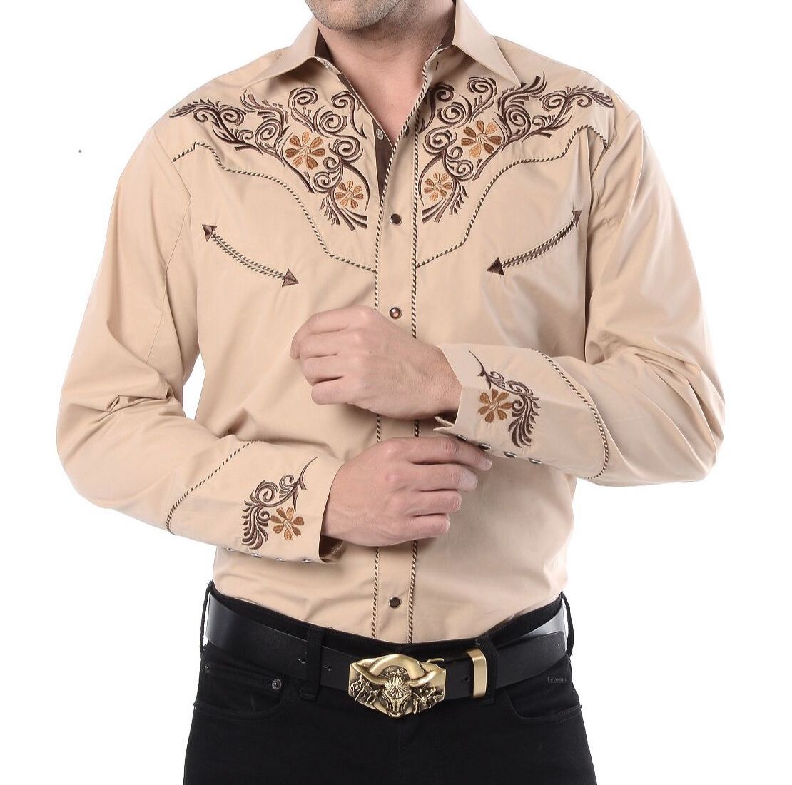 Men's Pearl Snap Western Embroidered Shirt Beige Tan