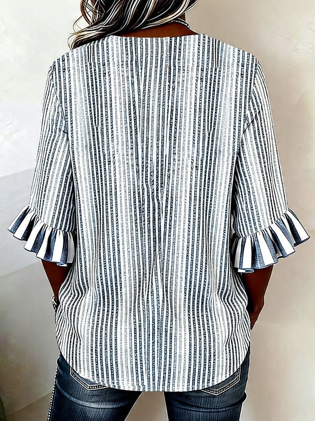 Women's Blue Striped Printed Half  Sleeve Ruffle Cuff Blouse Summer V Neck Button Daily Going Out Vintage Top