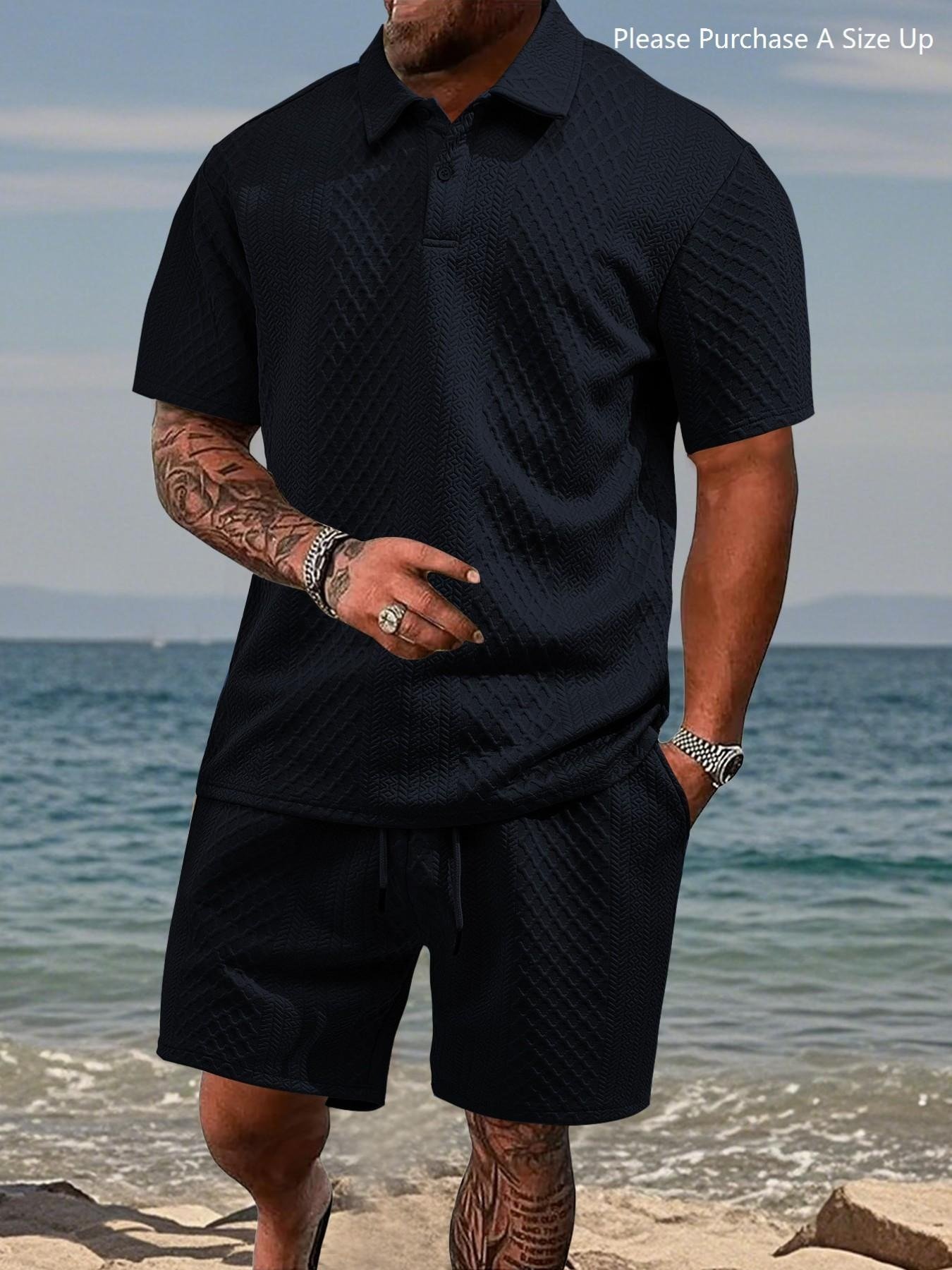 Men's Solid Polo Shirt & Drawstring Waist Shorts Set, Cozy Breathable Two-piece Outfits