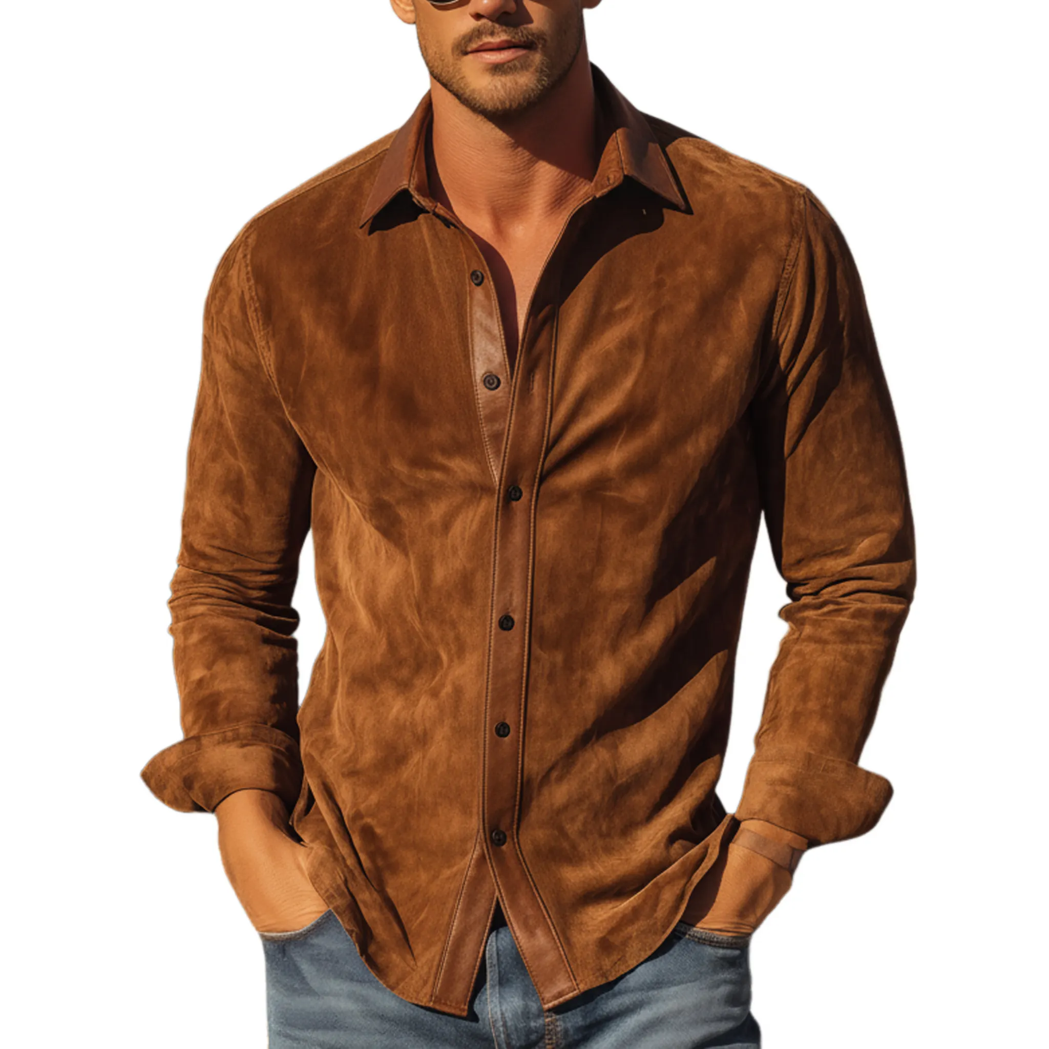 Men's Classic Western Style PU Leather Lapel Slim-fit Faux Suede Long-sleeved Shirt