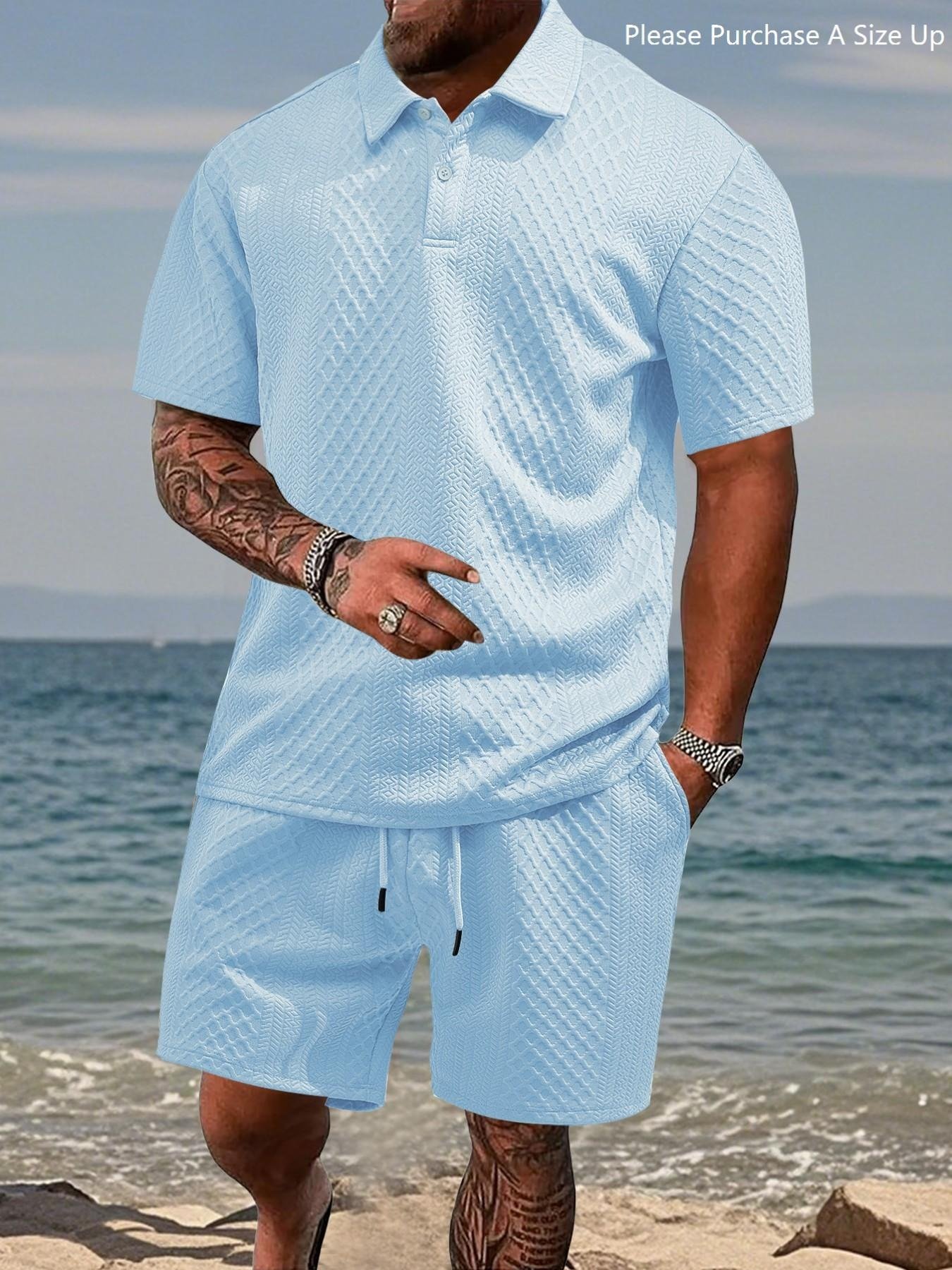 Men's Solid Polo Shirt & Drawstring Waist Shorts Set, Cozy Breathable Two-piece Outfits