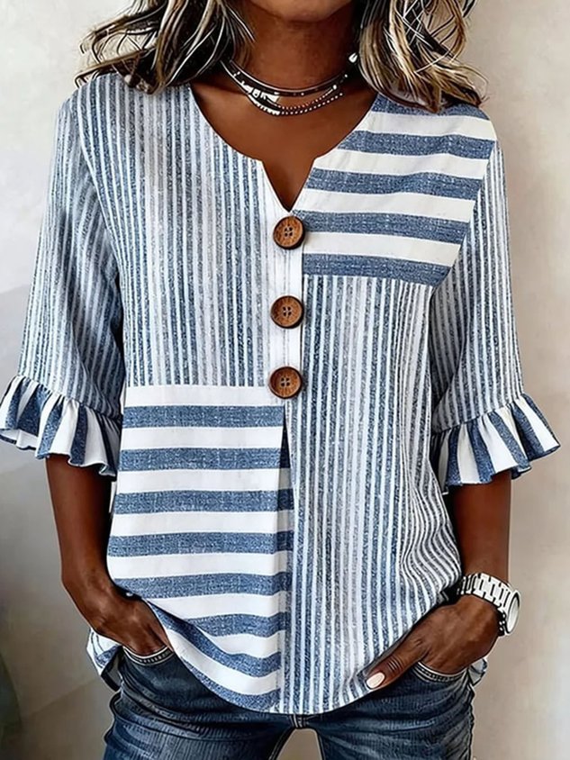 Women's Blue Striped Printed Half  Sleeve Ruffle Cuff Blouse Summer V Neck Button Daily Going Out Vintage Top