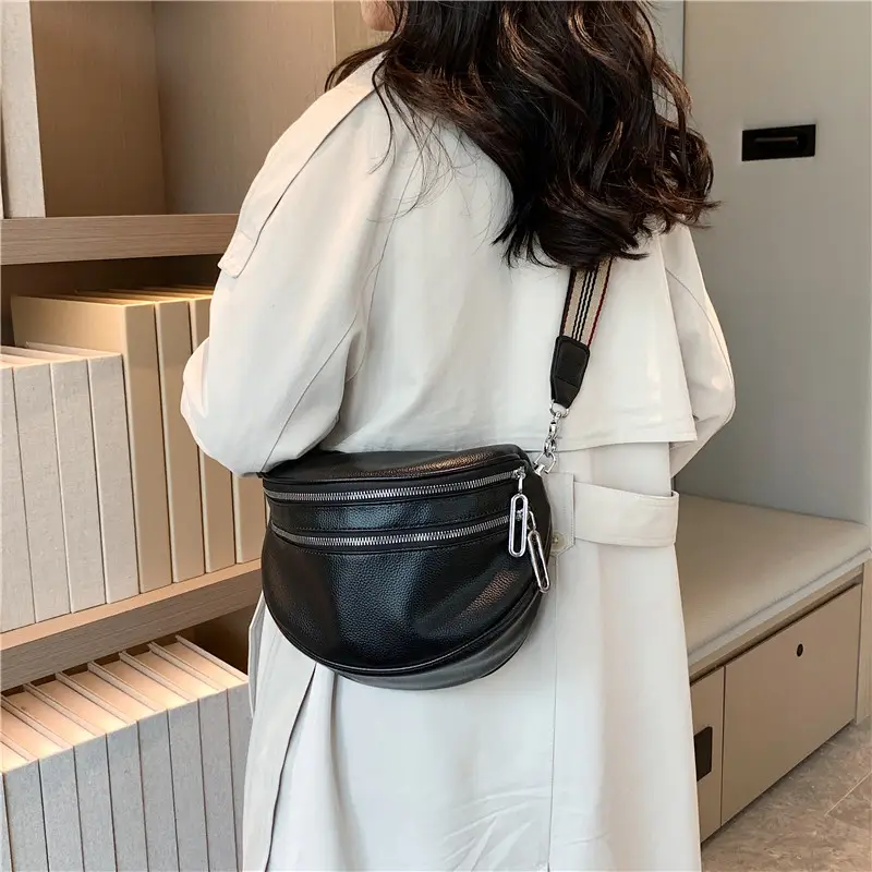 black synthetic leather crossbody bag with adjustable striped strap large capacity shoulder messenger bag for women zipper closure polyester lining versatile solid   details 7