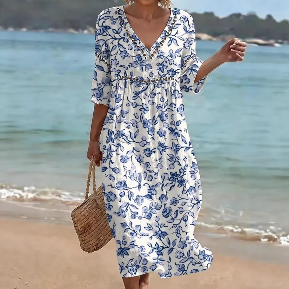 Women's Comfortable Cotton Linen Blend Printed Dress