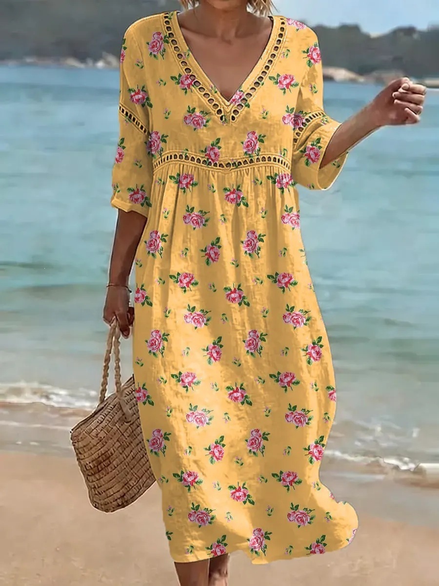 Women's Comfortable Cotton Linen Blend Printed Dress
