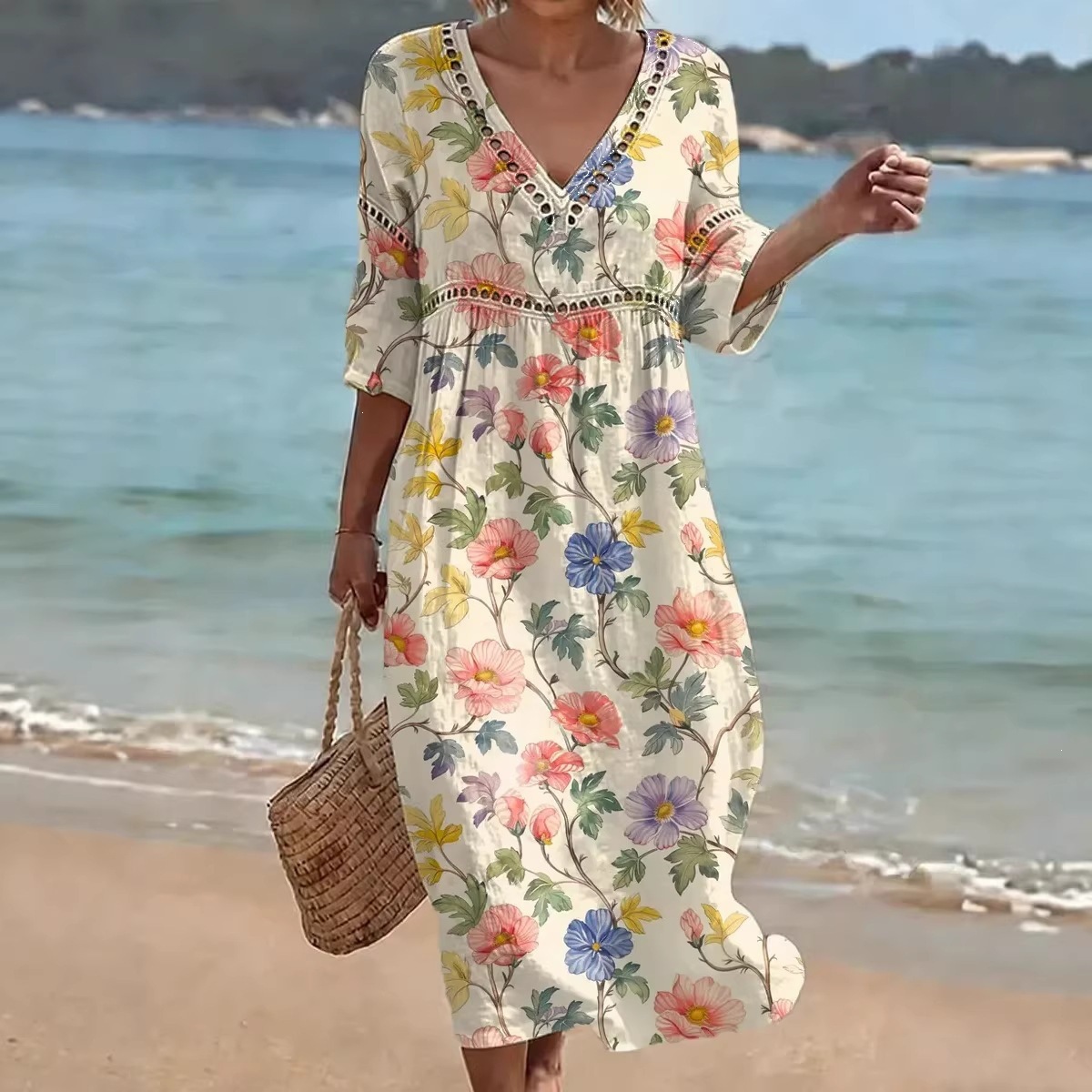 Women's Comfortable Cotton Linen Blend Printed Dress
