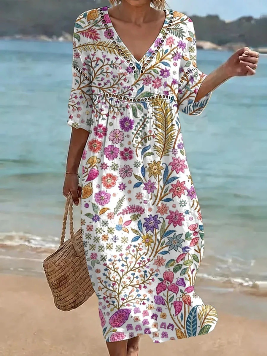 Women's Comfortable Cotton Linen Blend Printed Dress