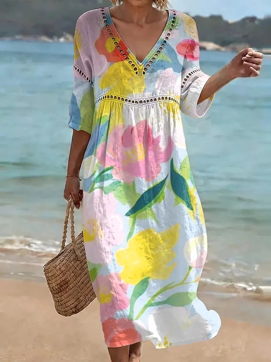 Women's Comfortable Cotton Linen Blend Printed Dress