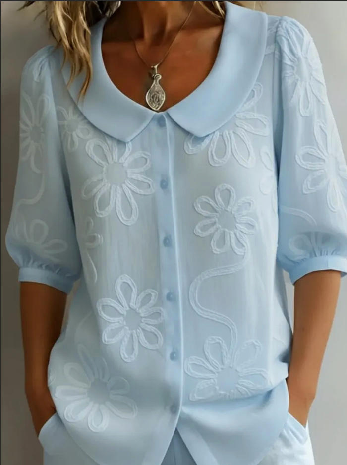 Retro Embroidered Floral Short-Sleeve Top