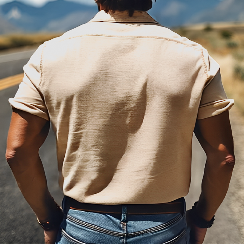 Men's Summer Fashion Classic Retro Western Style Embroidered Cotton and Linen Short Sleeve Shirt