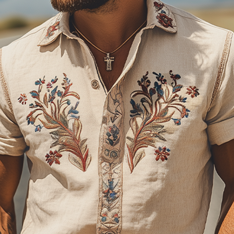 Men's Summer Fashion Classic Retro Western Style Embroidered Cotton and Linen Short Sleeve Shirt
