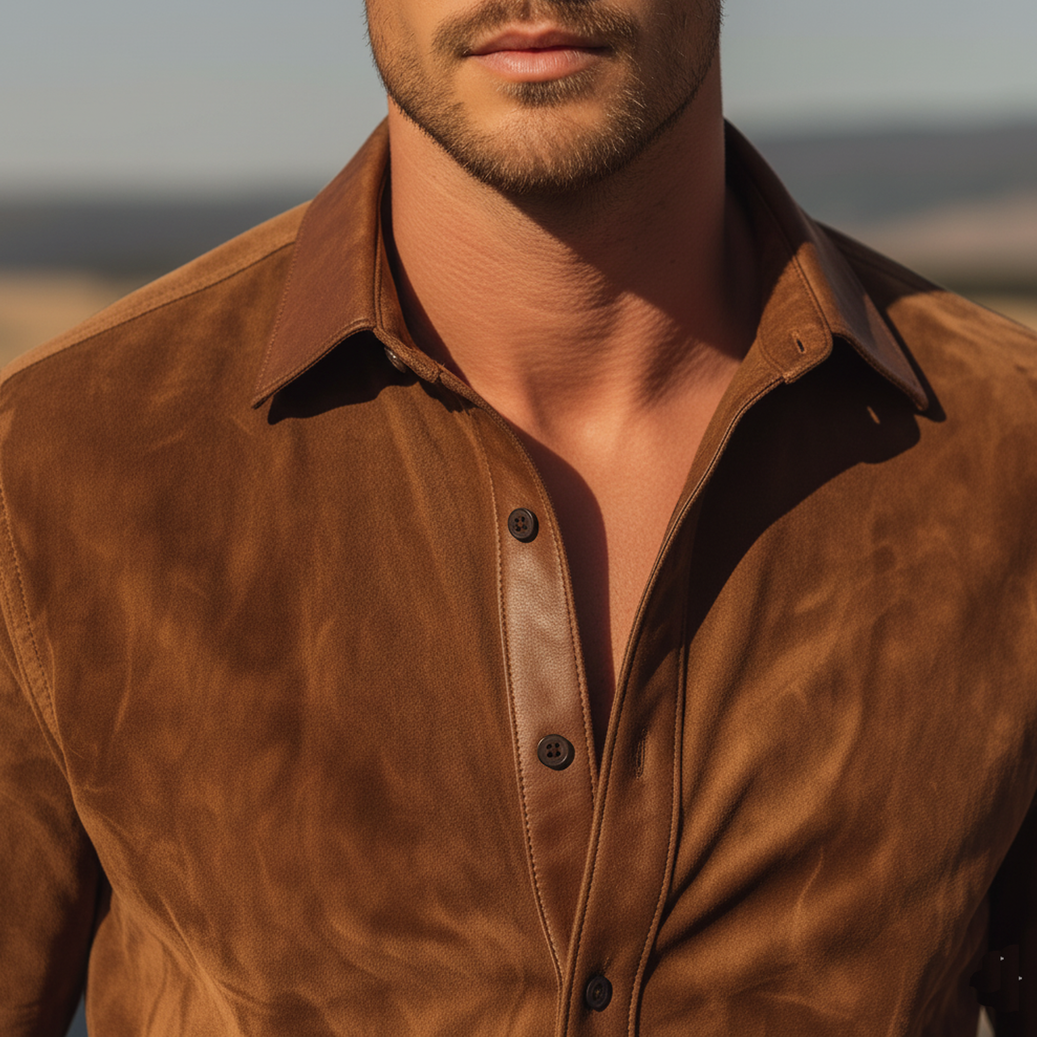 Men's Classic Western Style PU Leather Lapel Slim-fit Faux Suede Long-sleeved Shirt