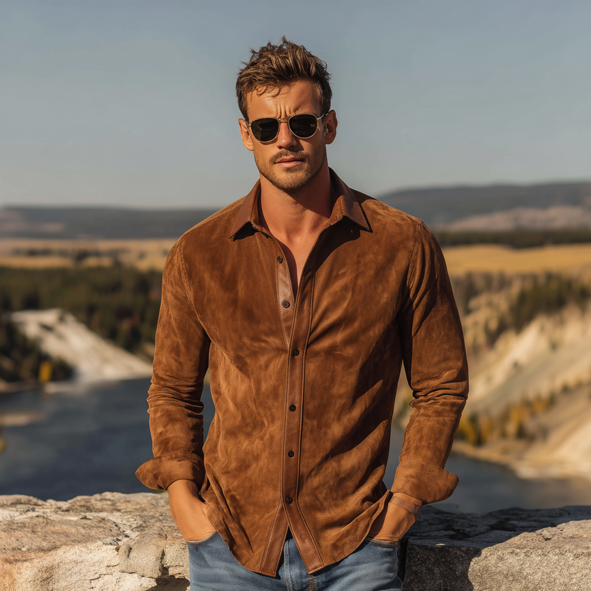 Men's Classic Western Style PU Leather Lapel Slim-fit Faux Suede Long-sleeved Shirt