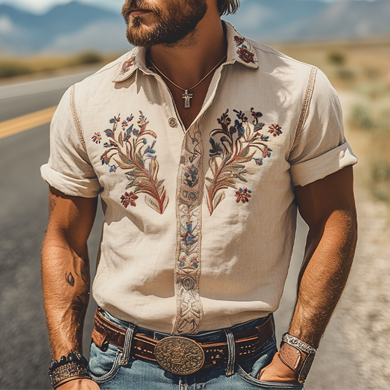 Men's Summer Fashion Classic Retro Western Style Embroidered Cotton and Linen Short Sleeve Shirt