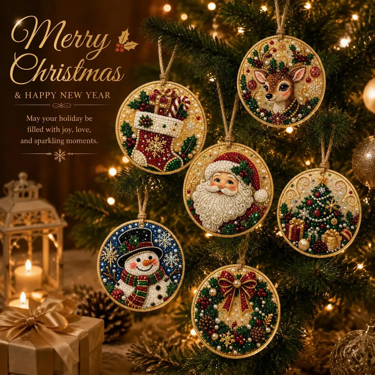 6Pcs Christmas DIY Diamond Painting Ornaments Kit sparkling holiday craft set pre-drilled wooden ornaments pearls gems all-in-one