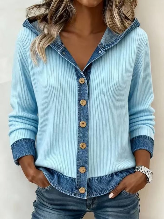 Plain Color Block Denim Casual Loose Long Sleeve Button Cardigan with hooded Going Out Casual Hoodie