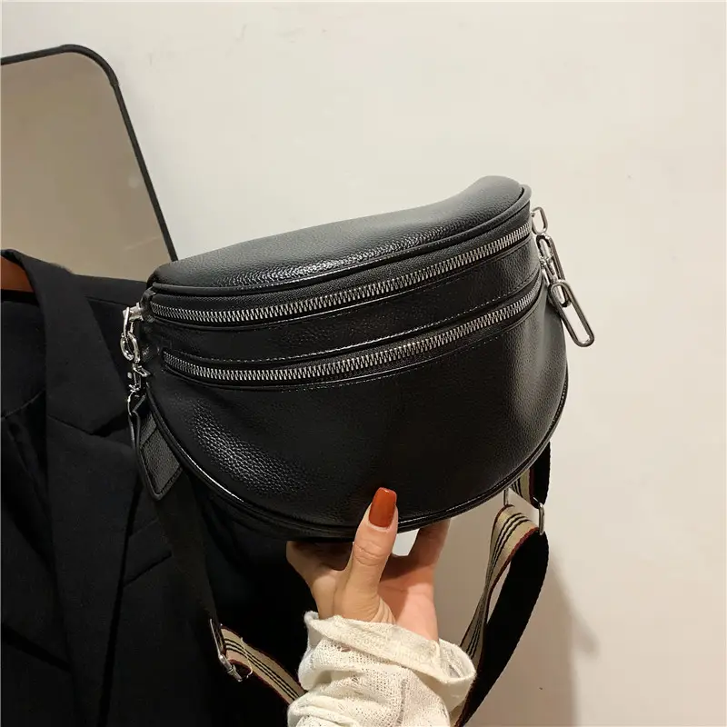 black synthetic leather crossbody bag with adjustable striped strap large capacity shoulder messenger bag for women zipper closure polyester lining versatile solid   details 1