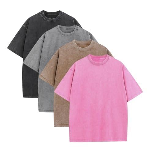 ⚡Hot Sales🔥4 Pack Oversized Tshirts for Men Gym Vintage Heavyweight T Shirts Cotton Workout Acid Wash Baggy Tees