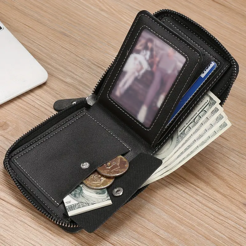 mens zipper short wallet multi card card holder pu leather bifold wallet money clip with coin pocket gift for men details 5