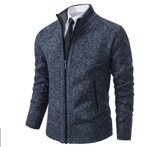 Mens Autumn Winter Casual Sports Cardigan Fleece Lined Stand Collar Zipper Sweater