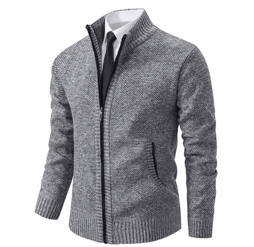 Mens Autumn Winter Casual Sports Cardigan Fleece Lined Stand Collar Zipper Sweater