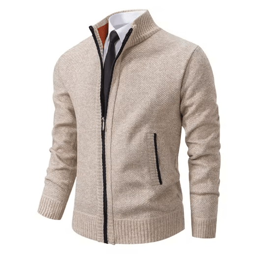 Mens Autumn Winter Casual Sports Cardigan Fleece Lined Stand Collar Zipper Sweater