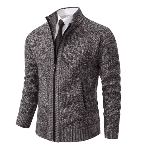 Mens Autumn Winter Casual Sports Cardigan Fleece Lined Stand Collar Zipper Sweater