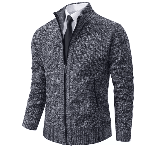 Mens Autumn Winter Casual Sports Cardigan Fleece Lined Stand Collar Zipper Sweater