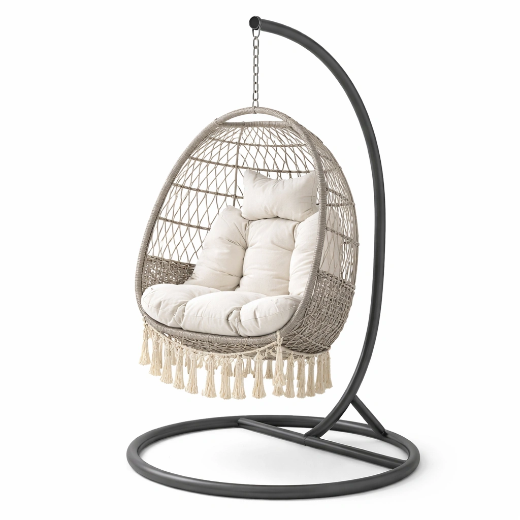 Silla colgante de resina con estructura de acero y cojines crema-FURNSORA