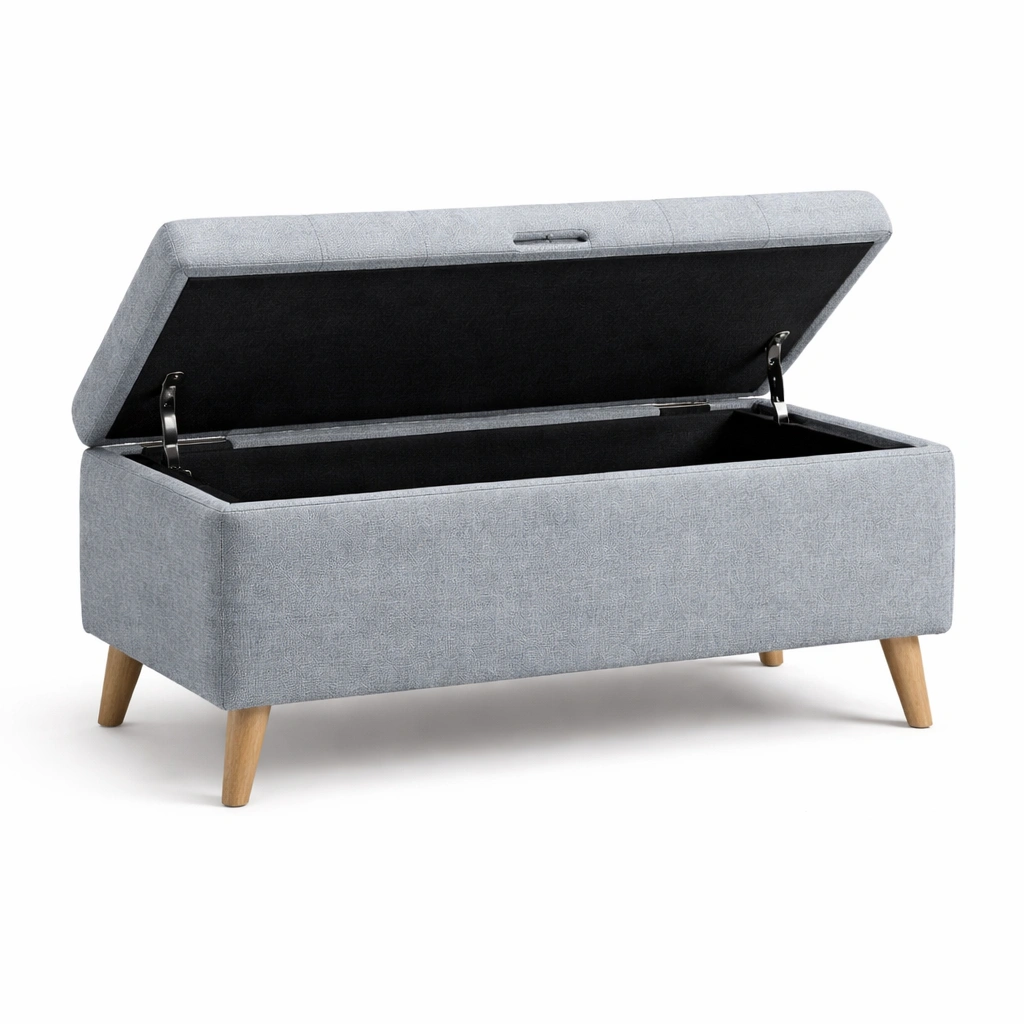 Banco con almacenamiento de tela con patas de madera gris-FURNSORA